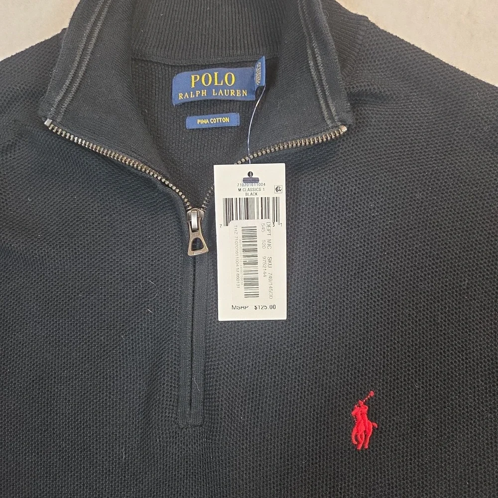 NWT Polo Ralph Lauren Mens Med Black  1/4 Zip Pima Cotton Waffle Knit  Sweater